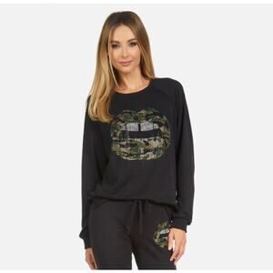 Lauren Moshi Cashmere Crystal Camo Lip Crew Neck Knit Pullover Sweater Black XL